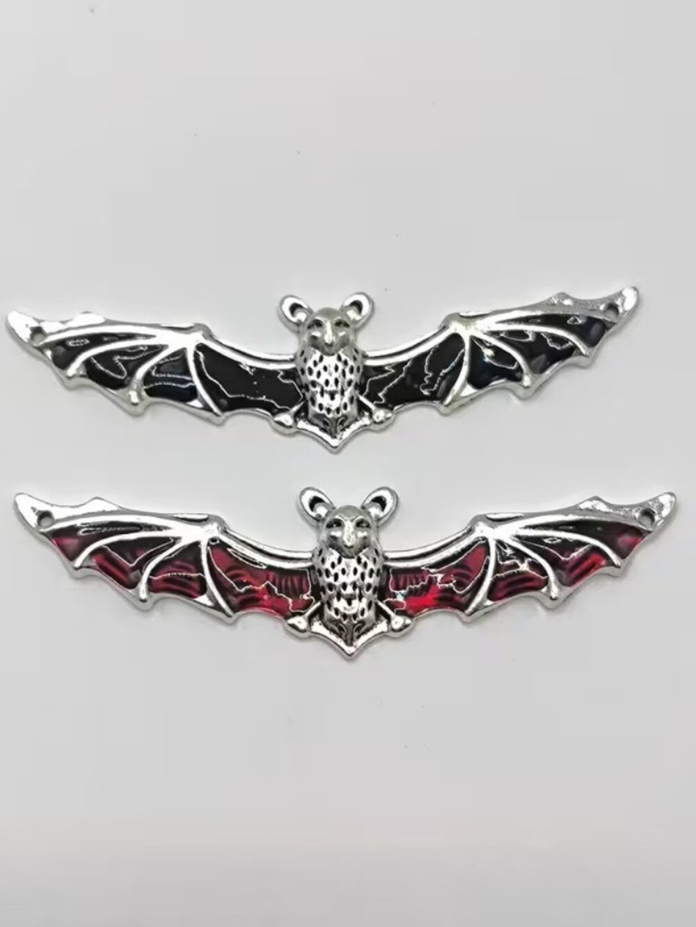 Set of 2 Gothic Halloween Bat Silver-Plated Pendants for Bags Black and Red